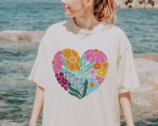 boho flowers heart shirt in comfort colors for Women