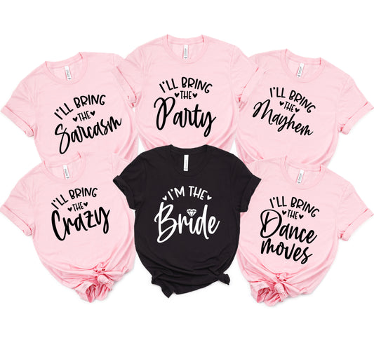 Funny Bride and bridesmaid shirts in pink and black