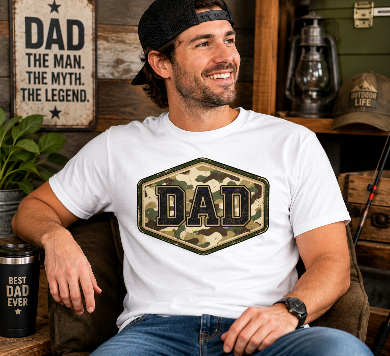 Man wearing a white t-shirt with a 'DAD' graphic design, sitting in a rustic setting.