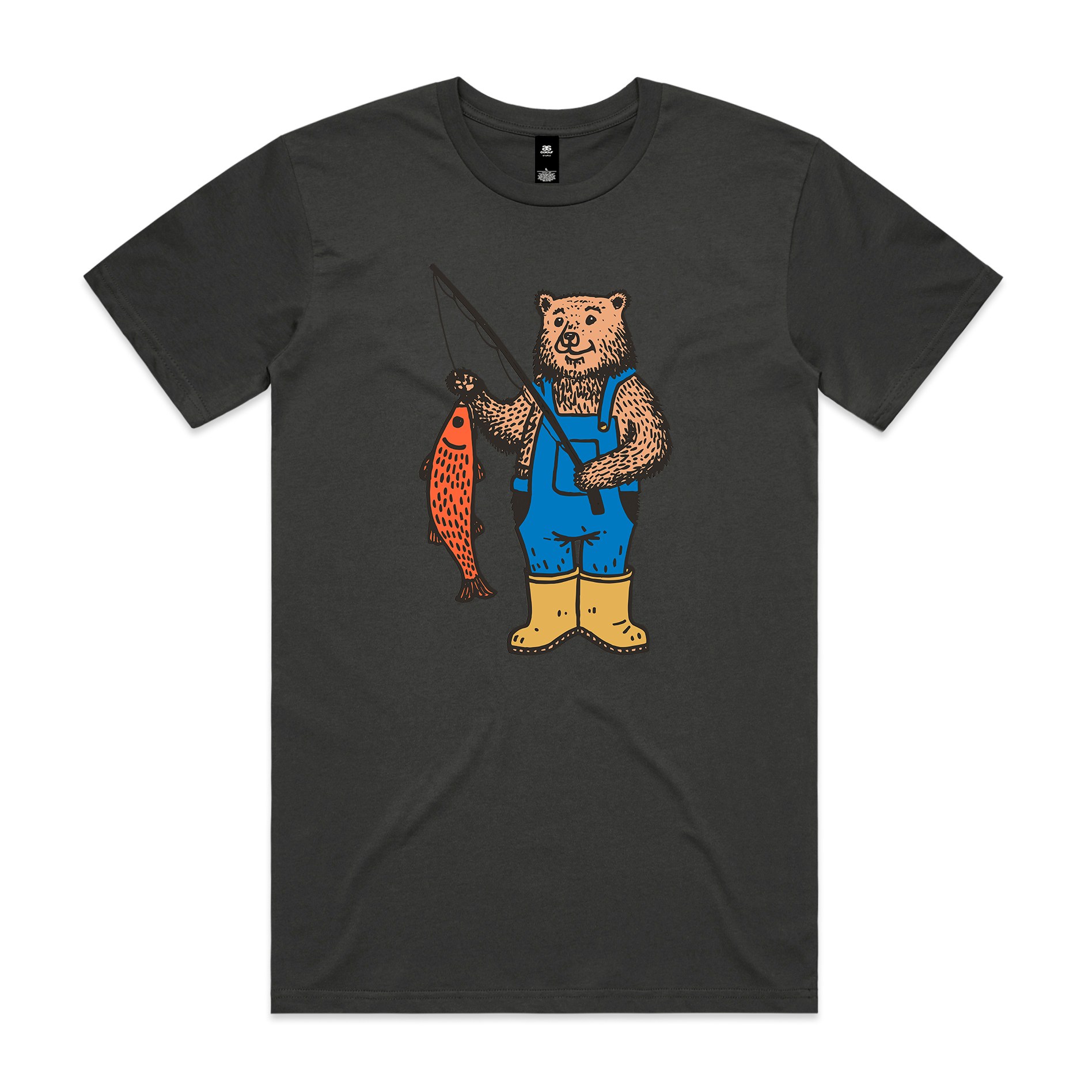 Coal t-shirt with a bear wearing blue overalls and holding a fish graphic on a white background