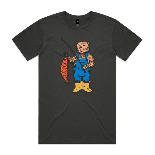 Coal t-shirt with a bear wearing blue overalls and holding a fish graphic on a white background