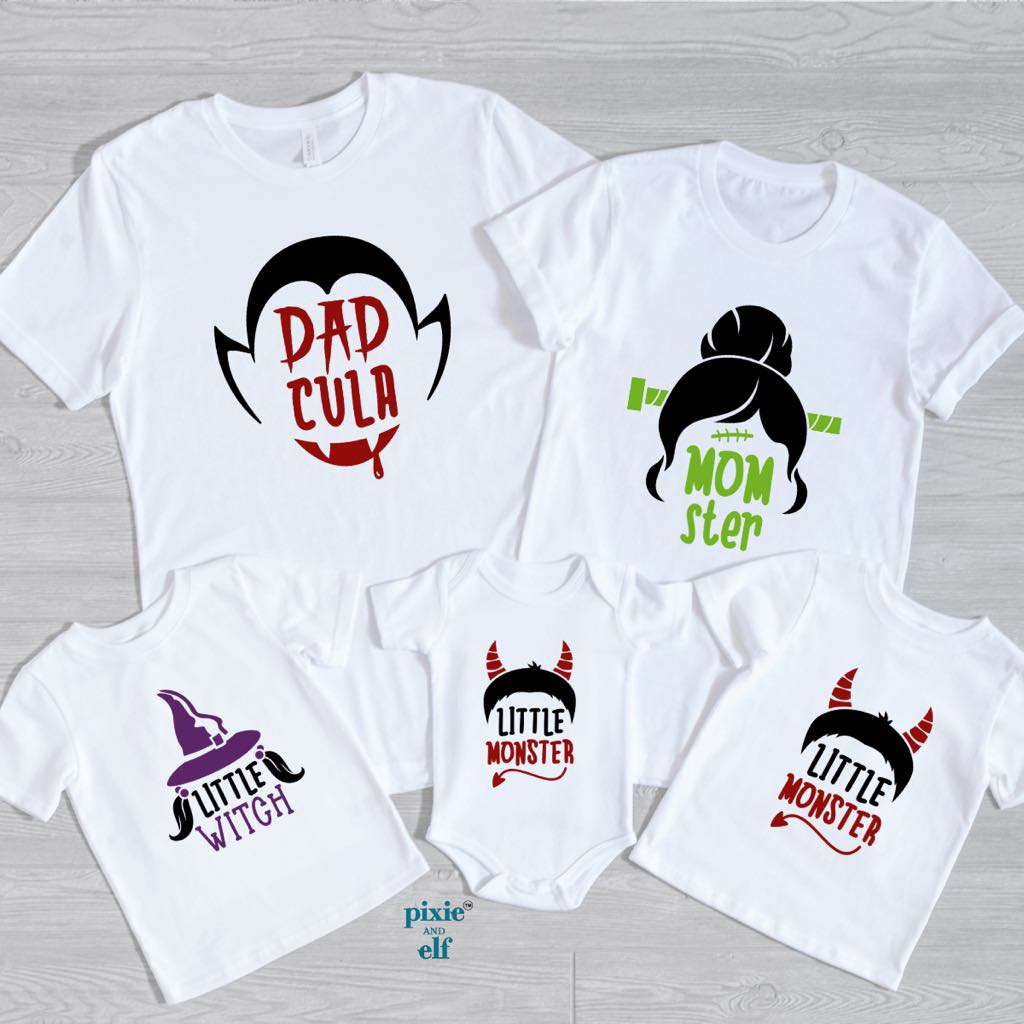 flatlay of Halloween Monster Family Shirts in white