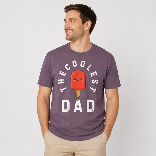 Man wearing a mauve t-shirt with a graphic and text 'The Coolest Dad" and an image of red popsicle on a plain background