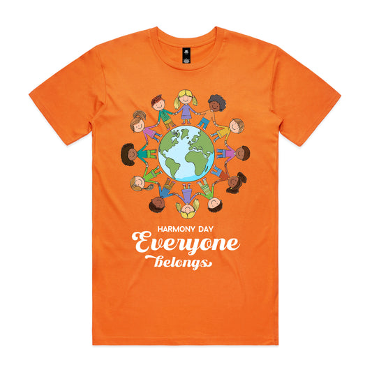 Orange t-shirt with a graphic of children around the world and 'Harmony Day Everyone Belongs' text on a white background.