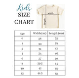 A graphic image showing a 'Kids Size Chart' for a white Christmas shirt with a list of sizes from 0000 to 125, labeled with their corresponding ages and heights in centimeters.