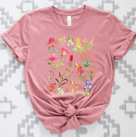 flat lay of Australian Native Flowers Shirt in faded rose