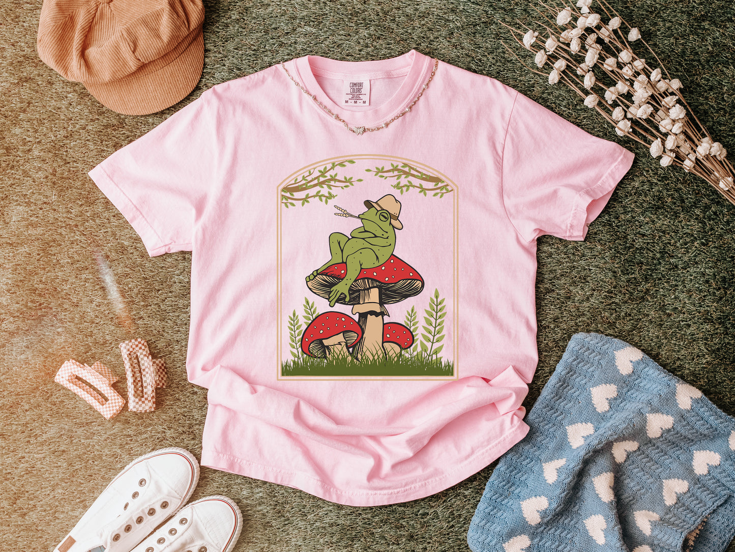 Frog Relaxing on a Red Mushroom in Comfort Colors shirt