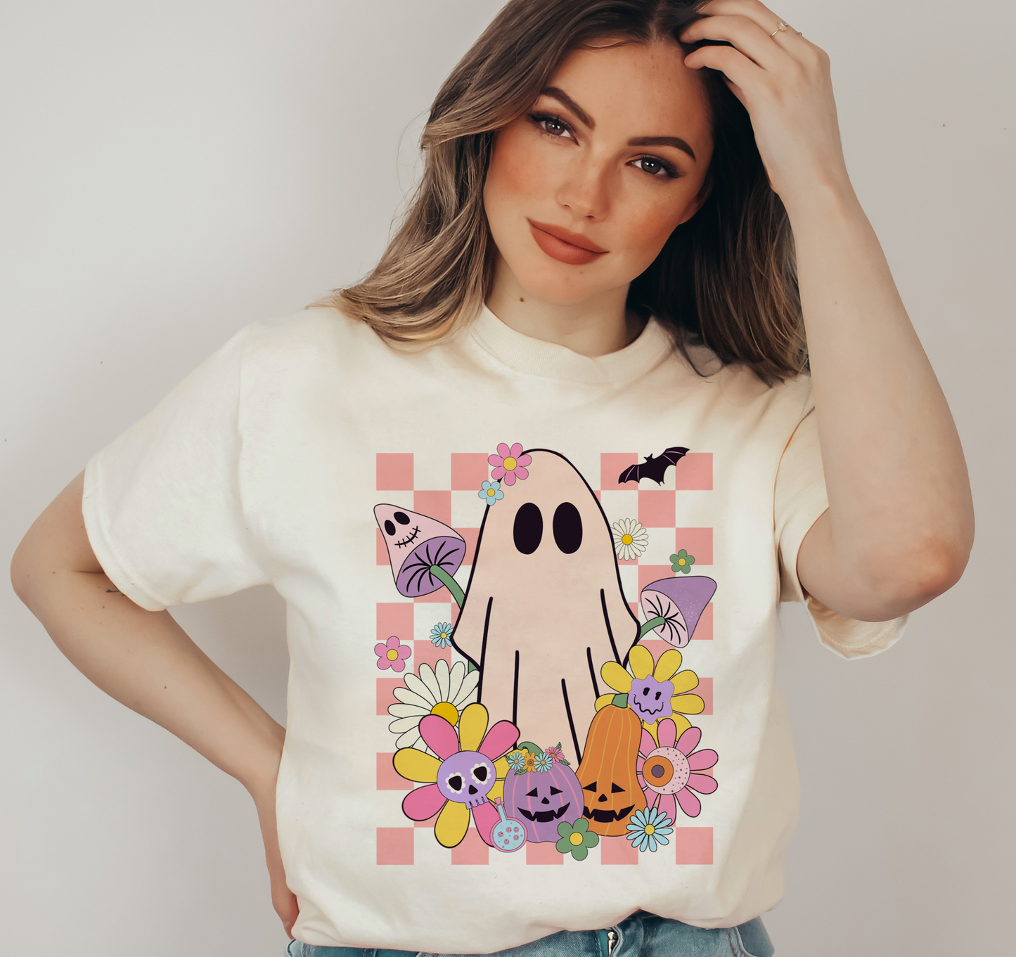 Ghost Cat in Checkered Halloween T Shirt