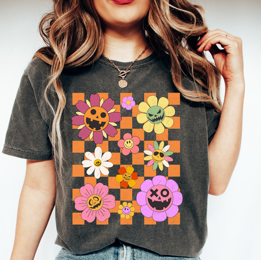 Scary flowers in checkered HAlloween T Shirt