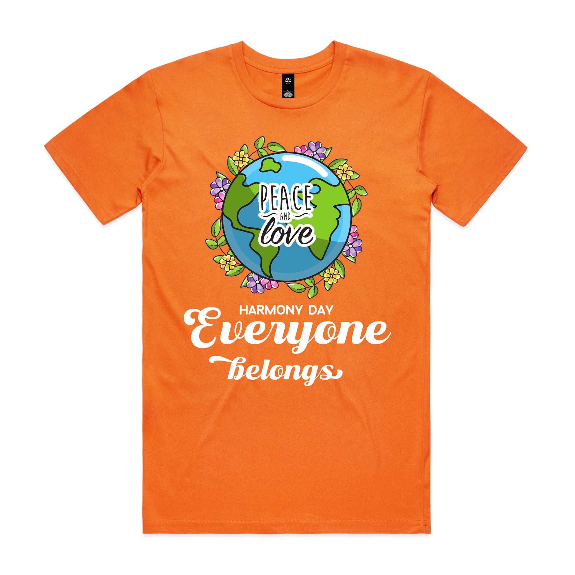 Orange t-shirt with a graphic of the Earth and text Harmony day Everyone Belongs on a white background