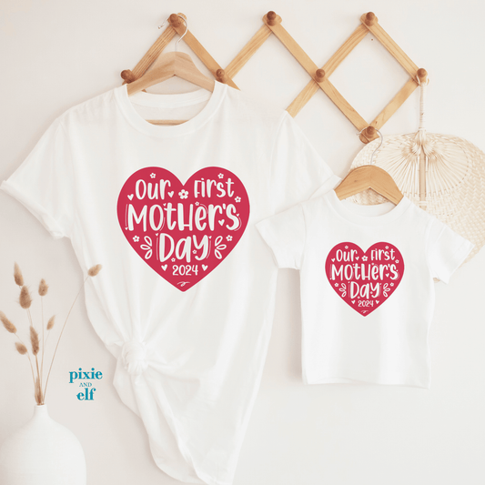 Our first mother’s day in pink heart matching white shirts for mum and kid