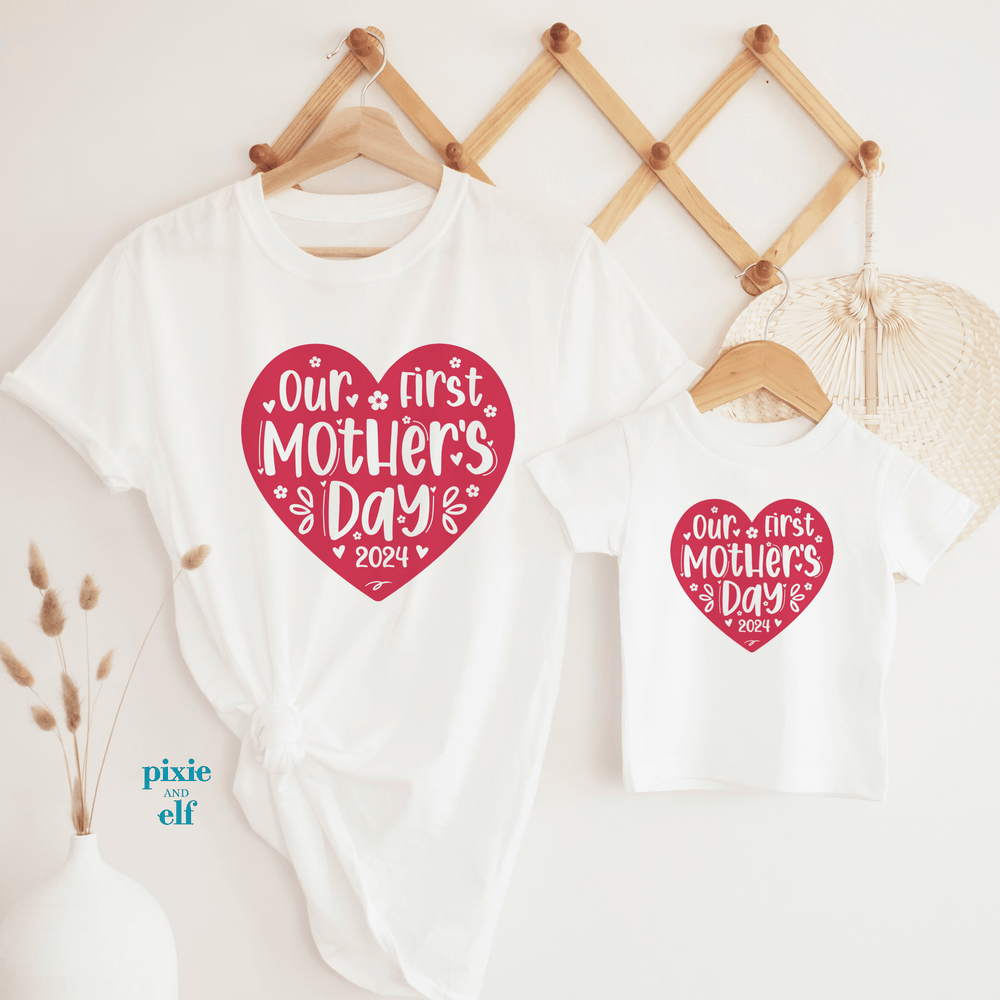 Our first mother’s day in pink heart matching white shirts for mum and kid