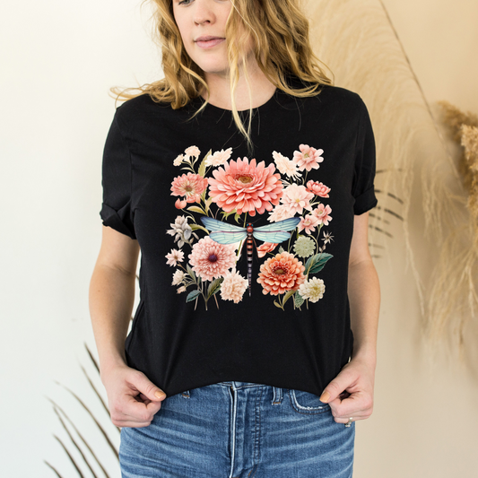 Dahlia Flowers and dragonfly in Black Tee