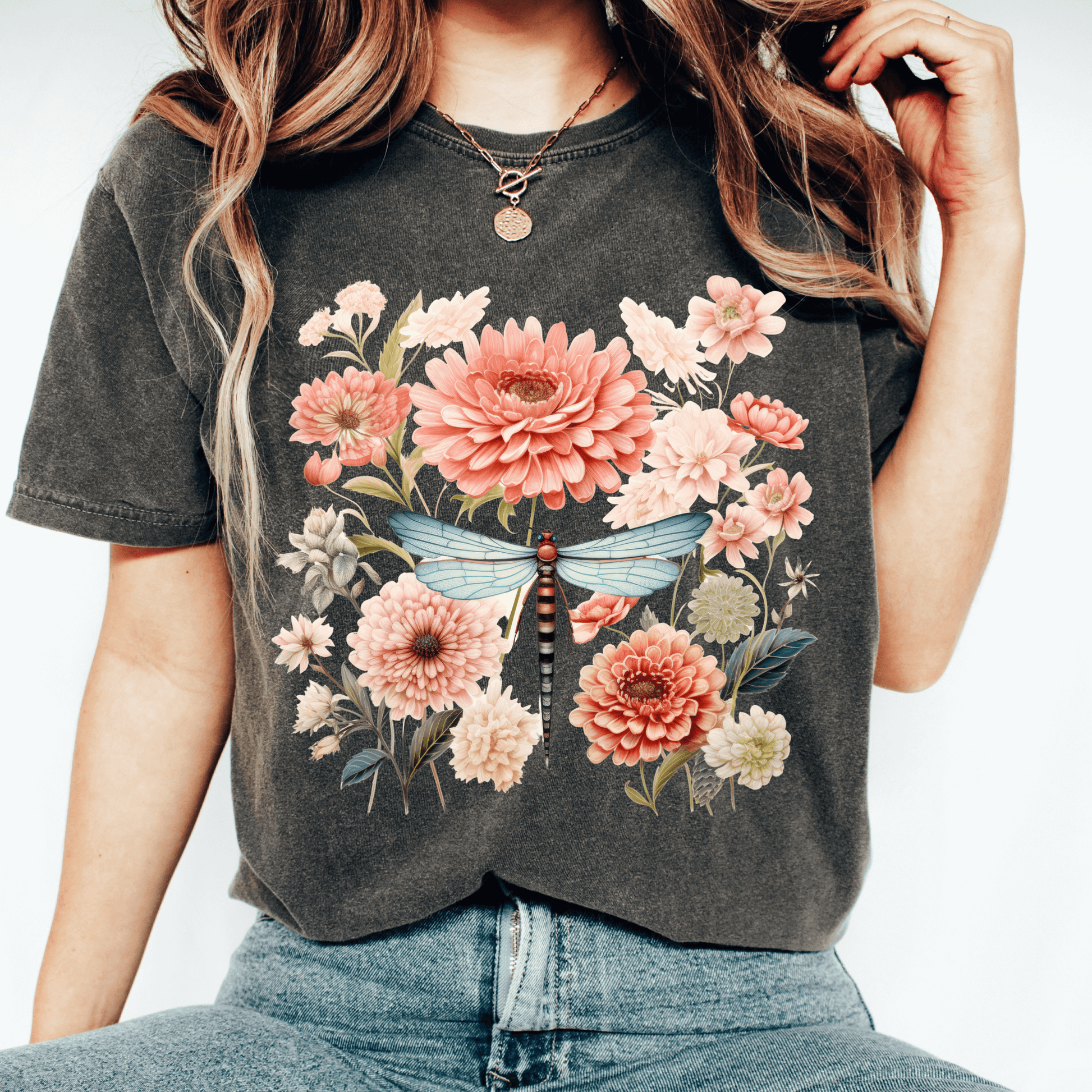 Blooming Dahlia flowers and dragonfly on Comfort Colors shirt in Pepper
