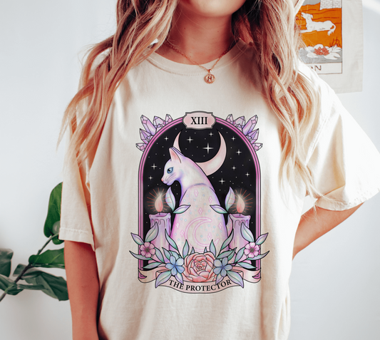 Magical white cat and moon as the protector in Comfort Colors Ivory