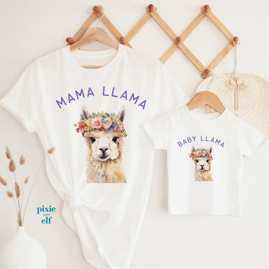 Mama Llama and Baby Llama matching white t shirts
