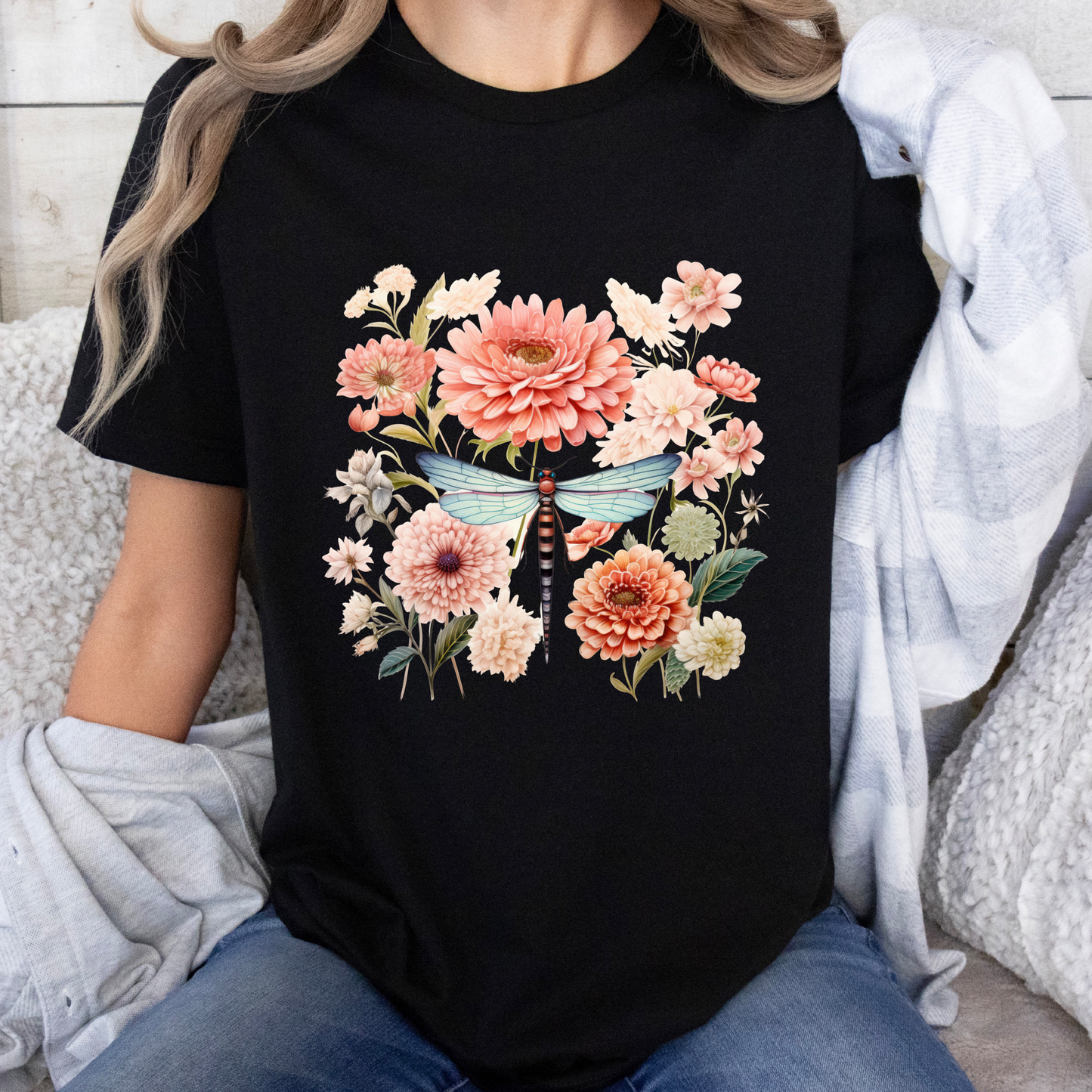 Dahlia Flowers and dragonfly in Black Tee