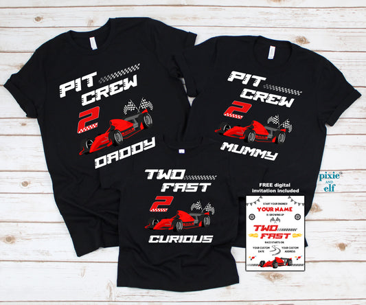 Pit Crew Family two fast two curious shirts in black