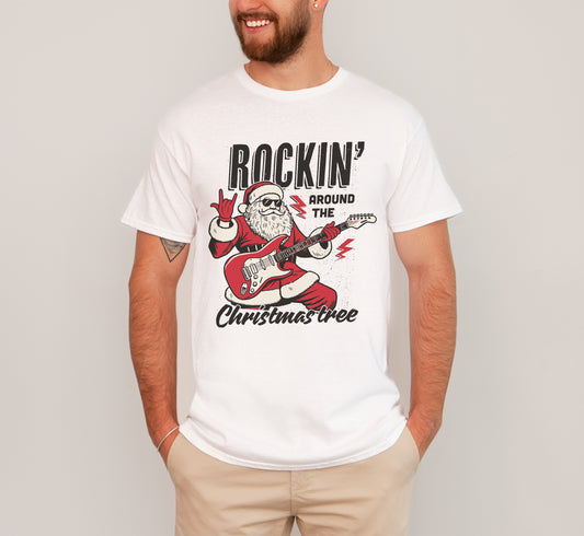 Man wearing Santa rockin around the christmas tree shirt in white