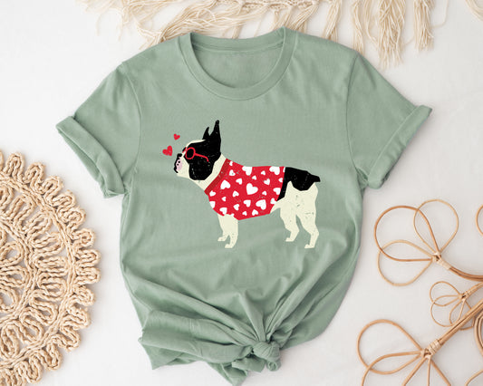 french bulldog graphic with hearts on a sage color shirt