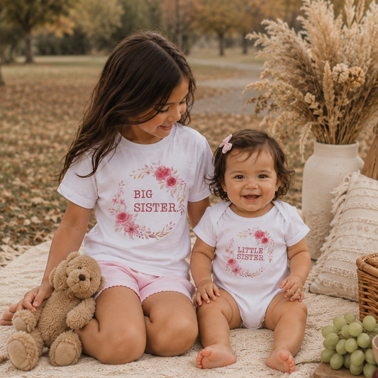 Two young sisters sitting outdoors with fall foliage, one in a 'Big Sister' shirt and the other in a 'Little Sister' onesie.