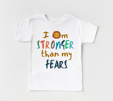 White T-shirt with text Stronger than fear