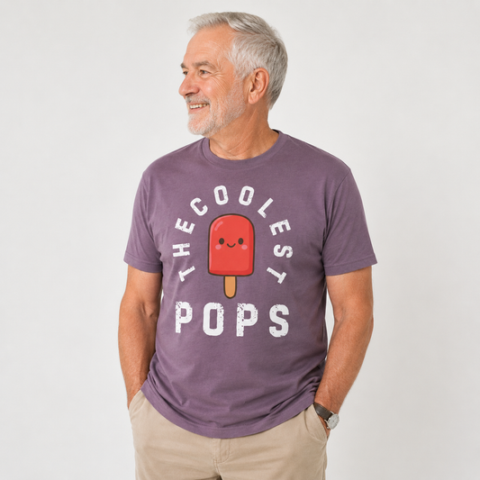 Man wearing a purple t-shirt with 'The Coolest Pops' graphic on a white background