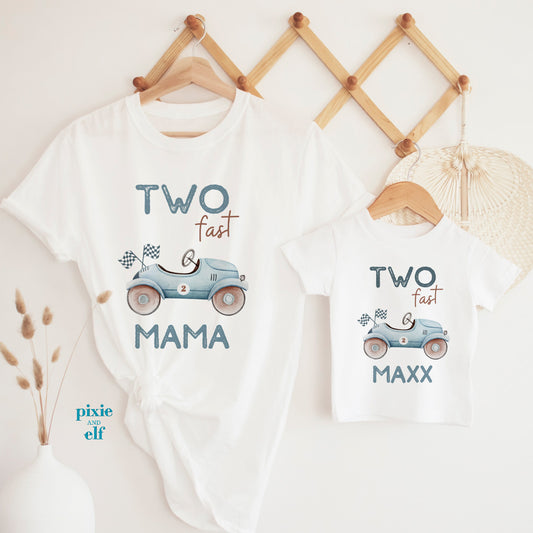 Matching Two Fast blue car birthday shirt in White for Mama and birthday  boy
