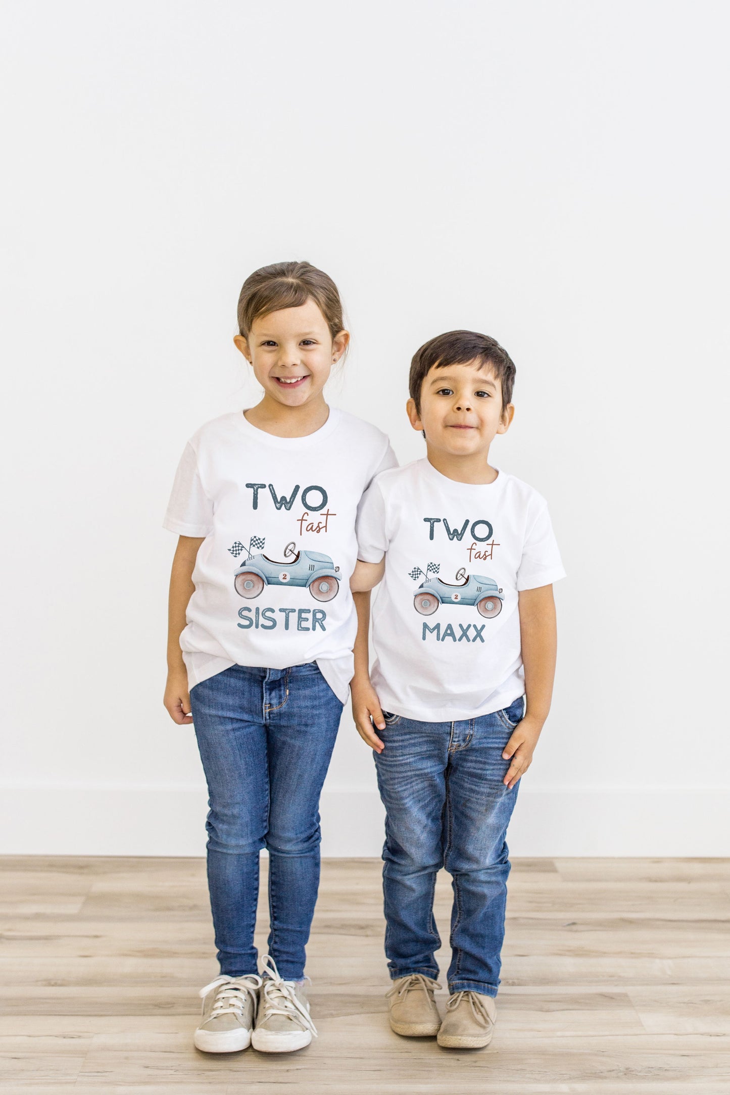 Two fast blue car matching birthday shirts