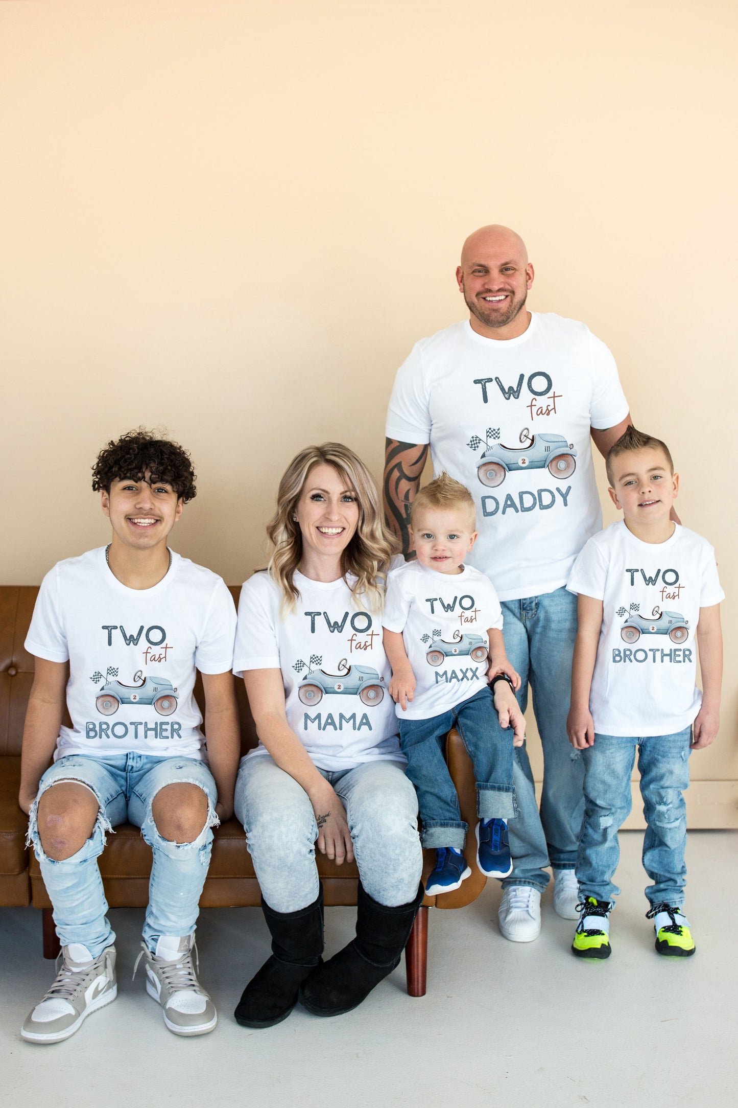 Two fast blue car matching birthday shirts