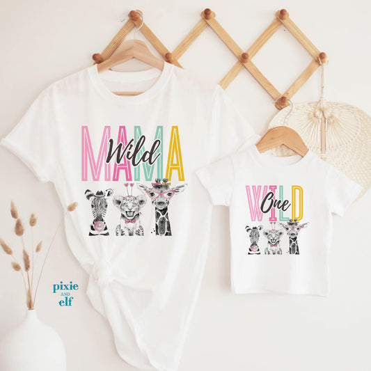 Wild Mama and Wild One matching birthday shirts in white