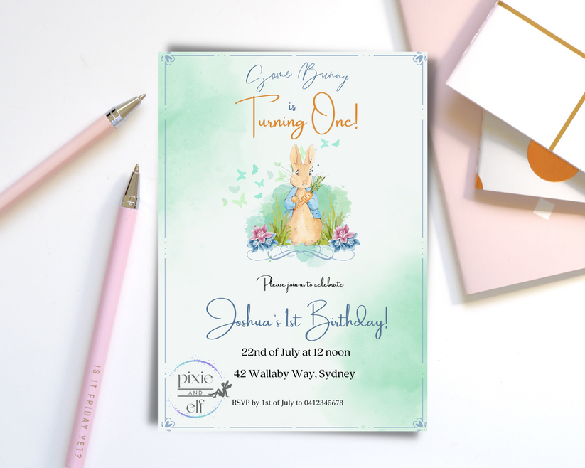 Peter Rabbit Birthday Invitation Card DIGITAL – Pixie and Elf
