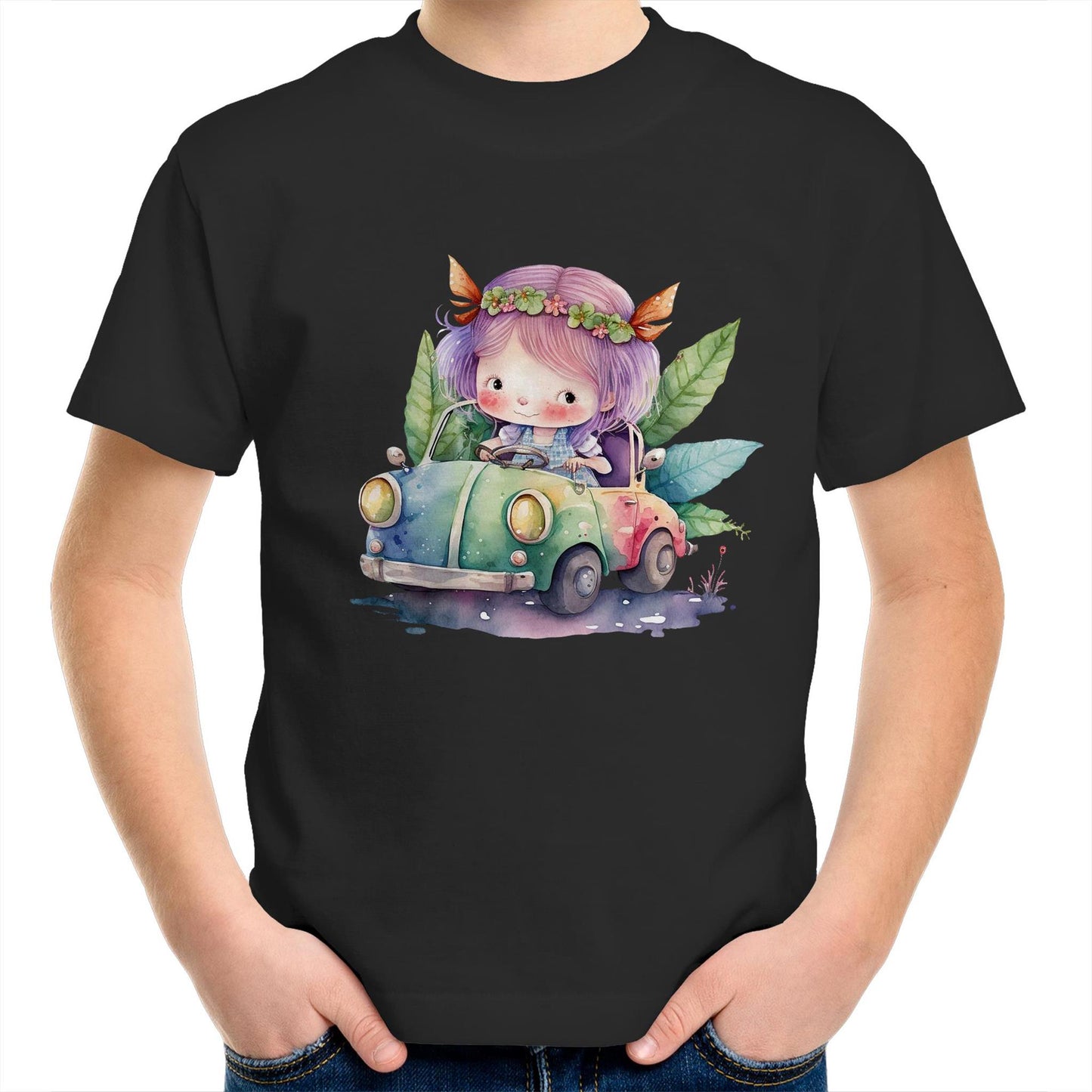 Fairy Driving Car Kids Youth Crew T-Shirt