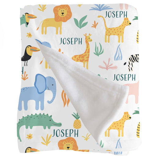 Personalised Name Throw Blanket with Jungle Safari theme for kids 50 by 60 inches