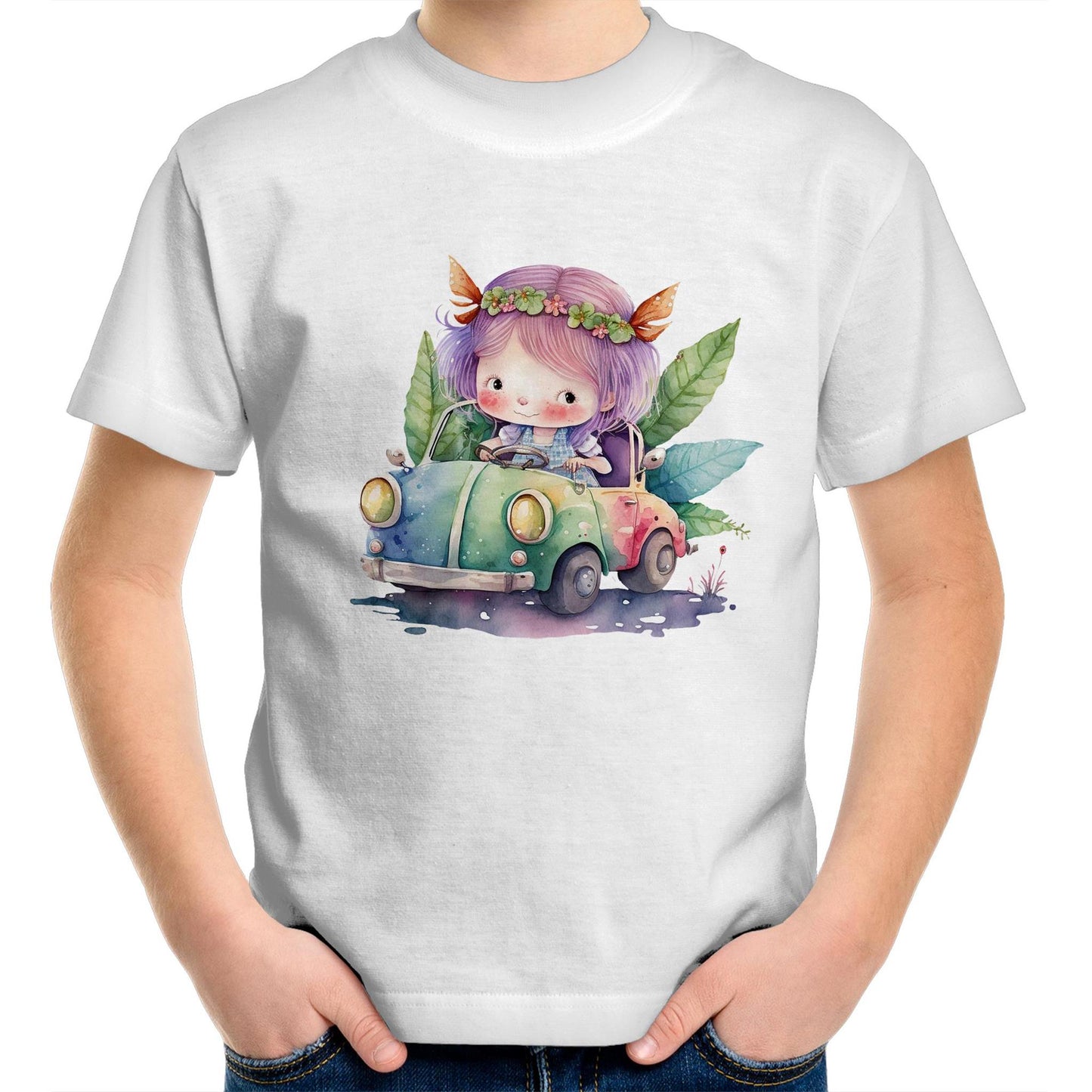 Fairy Driving Car Kids Youth Crew T-Shirt