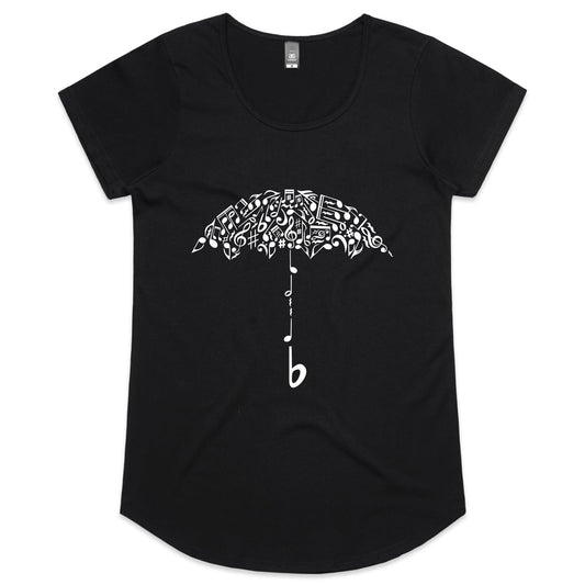 A black women's scoop neck t-shirt with a white graphic of an umbrella and text on the front.